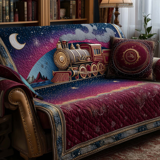 Midnight Train Quilted Sofa Cover Christmas Couch Protector Train Lover Present Ideas Trendyhomewear - Pvr