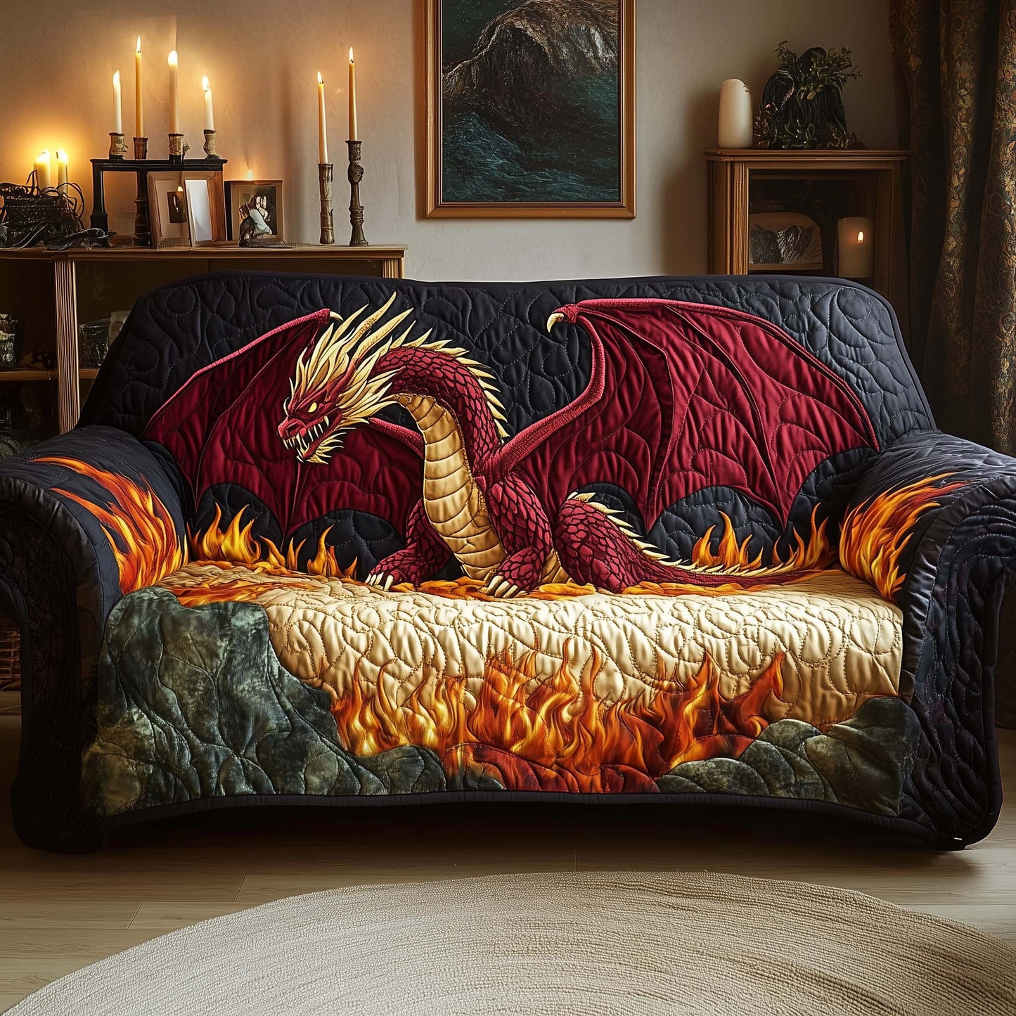 Dragon Angry Quilted Sofa Cover Festive Couch Decor Cool Christmas Dragon Related Gifts Trendyhomewear - Pvr