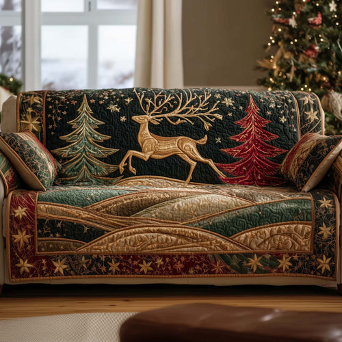 Reindeer Evergreen Guardian Quilted Sofa Cover Xmas Couch Furniture Unusual Reindeer Gifts Trendyhomewear - Pvr