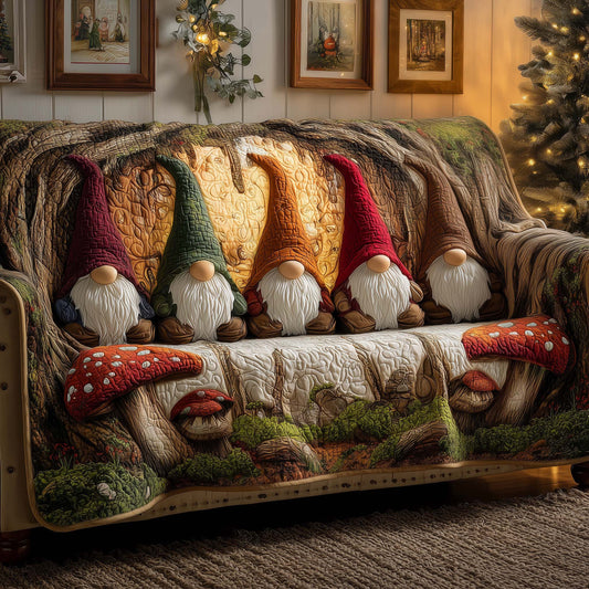 Gnome In Forest Quilted Sofa Cover Christmas Holiday Sofa Protector Gnome Gift Decoration Trendyhomewear - Pvr