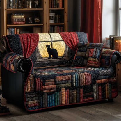Black Cat And Books Quilted Sofa Cover Cozy Couch Decor Christmas Cat And Book Lover Gifts Trendyhomewear - Pvr