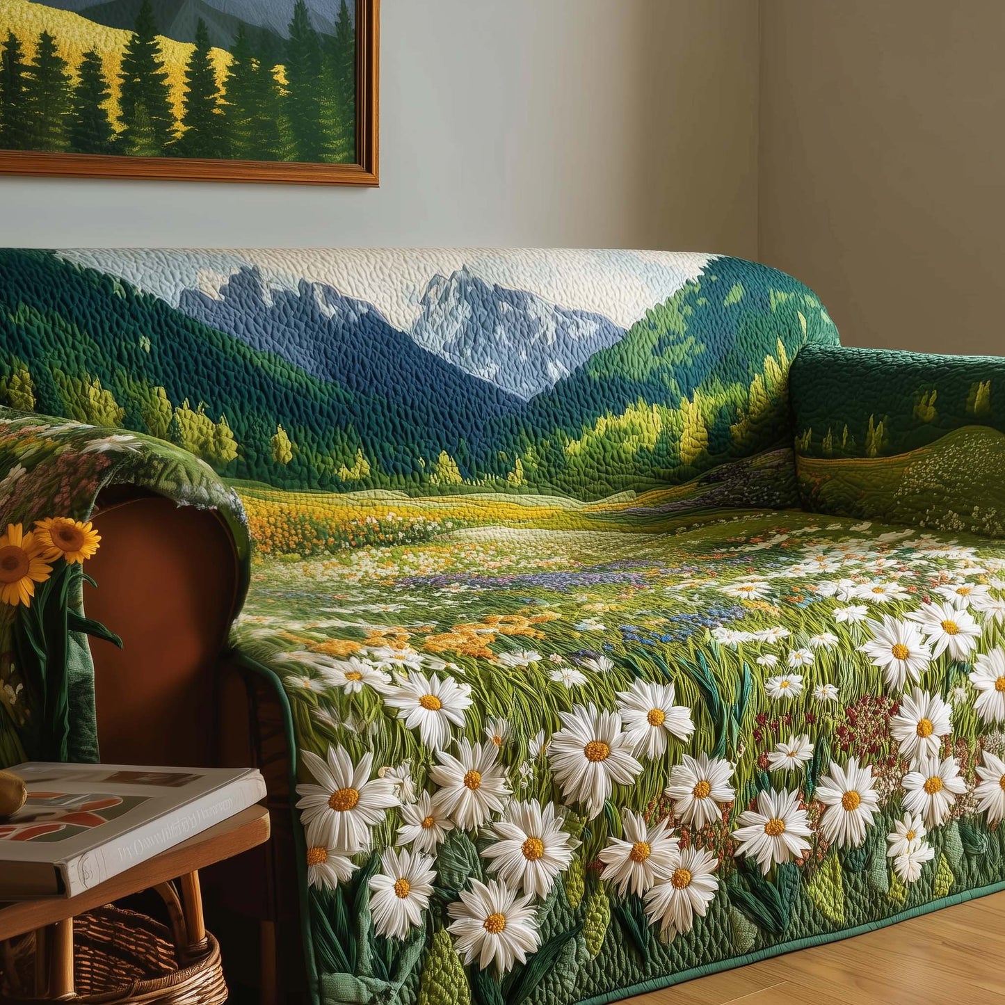 Daisy Flower Valley Quilted Sofa Cover Christmas Couch Protector Cool Gifts For Daisy Lovers Trendyhomewear - Pvr