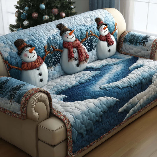 Snowman's Winter River Quilted Sofa Cover Christmas Holiday Sofa Decor Snowman Gifts Trendyhomewear - Pvr