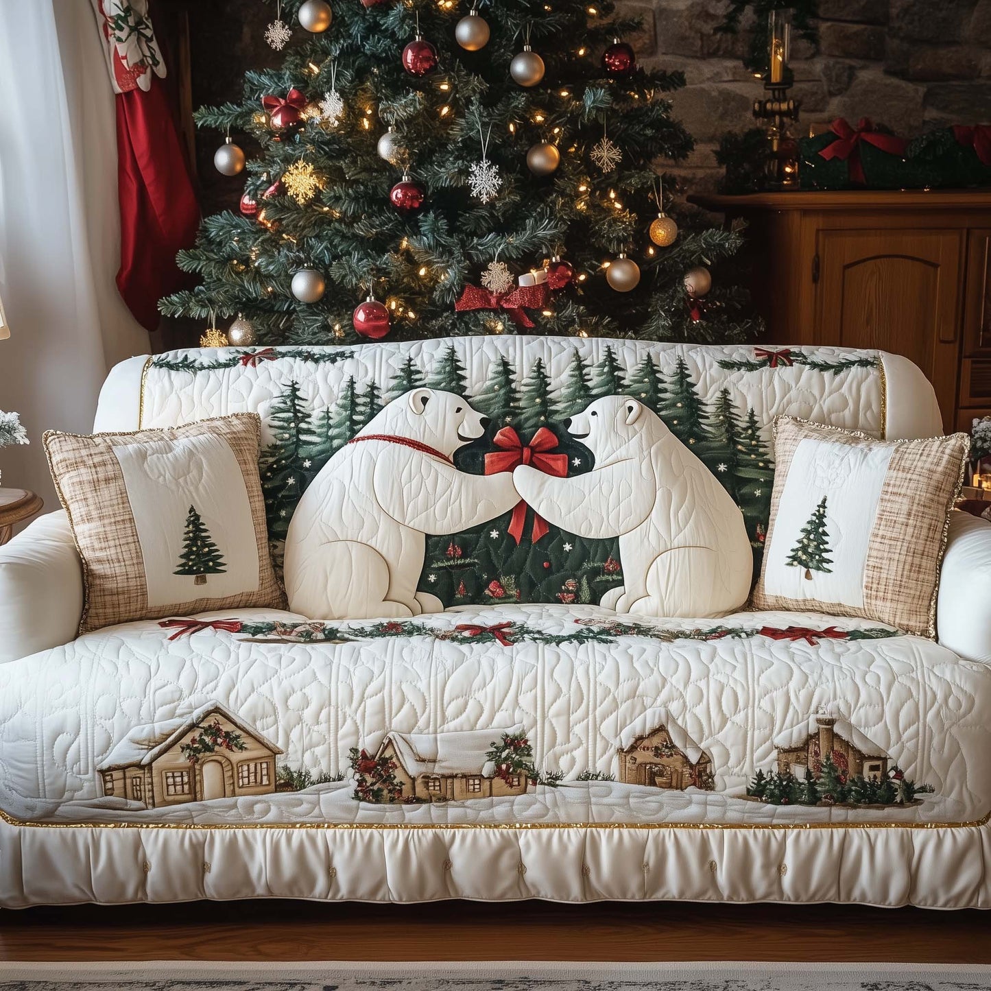 Polar Bear Couple Quilted Sofa Cover Cute Christmas Furniture Polar Bear Couch Decor Gifts Trendyhomewear - Pvr