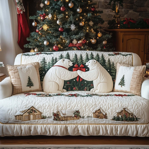 Polar Bear Couple Quilted Sofa Cover Cute Christmas Furniture Polar Bear Couch Decor Gifts Trendyhomewear - Pvr