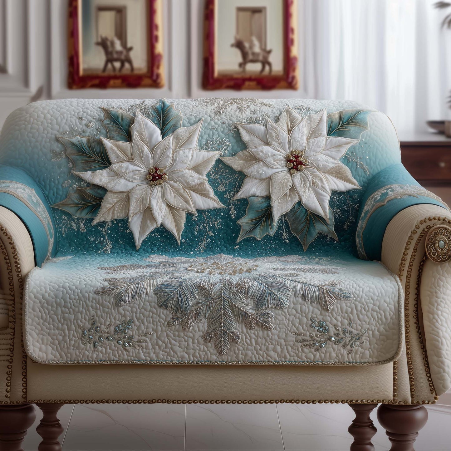 Poinsettia In White Quilted Sofa Cover Christmas Couch Decor Unusual Poinsettia Gift Items Trendyhomewear - Pvr