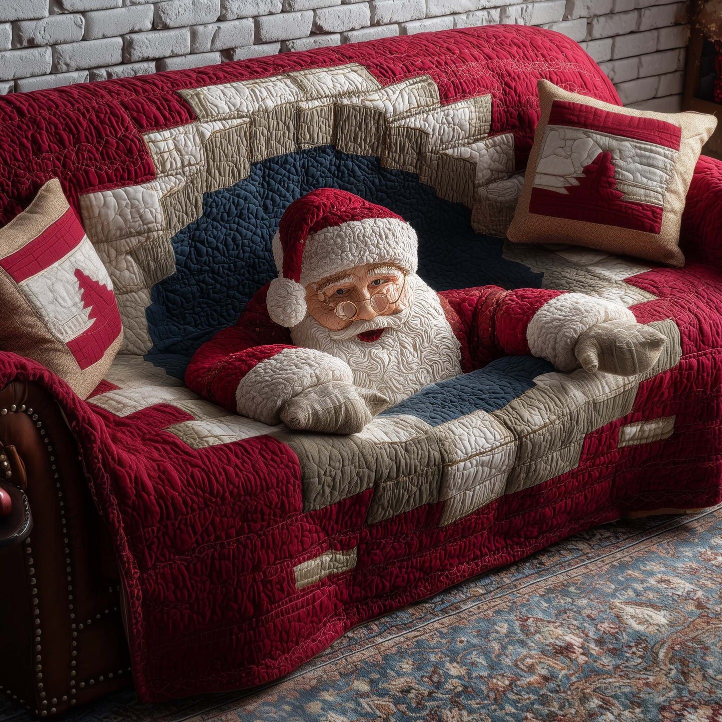 Santa Falling From Hole Quilted Sofa Cover Xmas Sofa Furniture Funny Santa Gifts For Him Trendyhomewear - Pvr