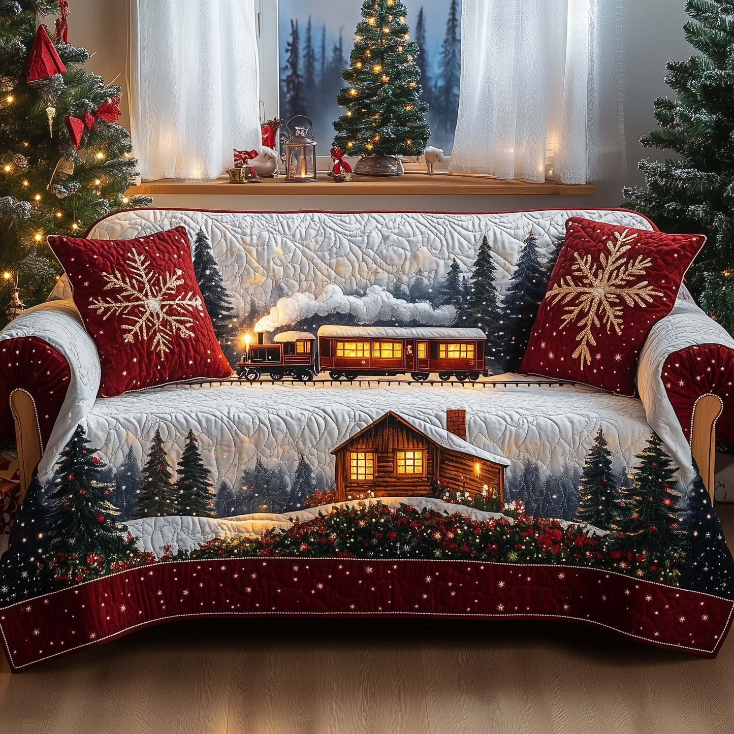 Frosty Train Express Quilted Sofa Cover Festive Xmas Sofa Pad Novelty Train Item Gifts Trendyhomewear - Pvr