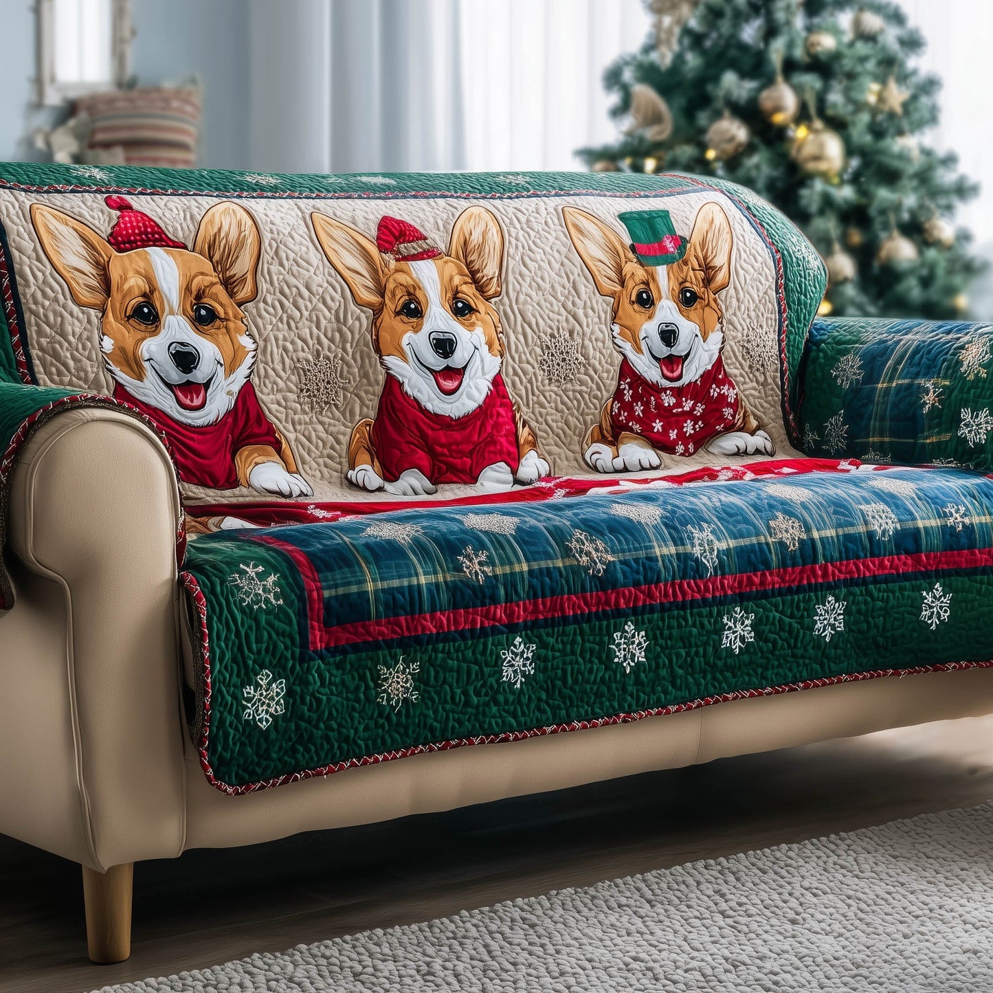 Corgi Little Friends Quilted Sofa Cover Winter Holiday Sofa Protector Xmas Corgi Dog Gifts Trendyhomewear - Pvr