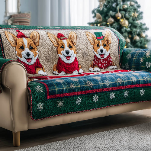 Corgi Little Friends Quilted Sofa Cover Winter Holiday Sofa Protector Xmas Corgi Dog Gifts Trendyhomewear - Pvr