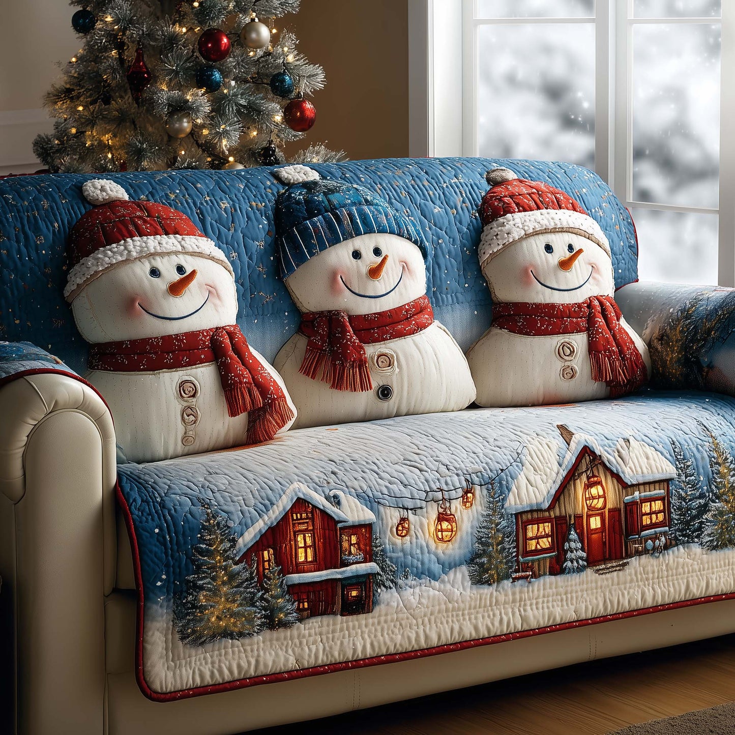 Snowman Holiday Cheer Quilted Sofa Cover Festive Holiday Sofa Furniture Snowman Gifts Trendyhomewear - Pvr