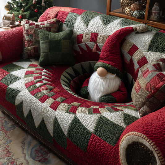 Hiding Way Gnome Quilted Sofa Cover Festive Xmas Couch Protector Cozy Gnome Related Gifts Trendyhomewear - Pvr
