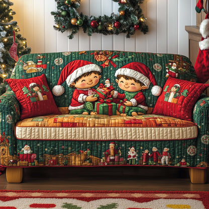 Christmas Elves Duo Quilted Sofa Cover Christmas Couch Protector Elf Present Ideas 2025 Trendyhomewear - Pvr