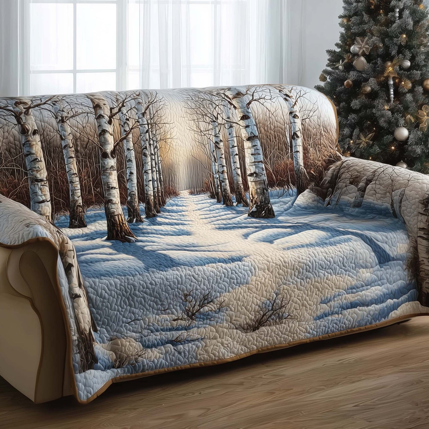 Snow Forest Quilted Sofa Cover Cozy Couch Protector Cool Forest Gifts For Christmas Holiday Trendyhomewear - Pvr