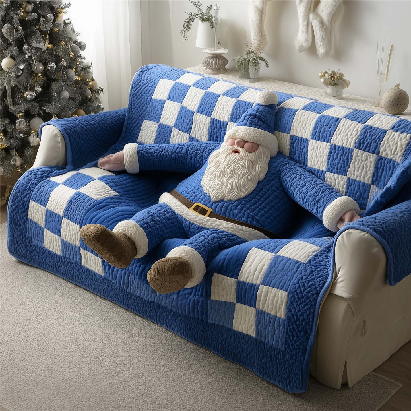 Santa Blue Plaid Quilted Sofa Cover Festive Christmas Sofa Protector Santa Gifts Decoration Trendyhomewear - Pvr