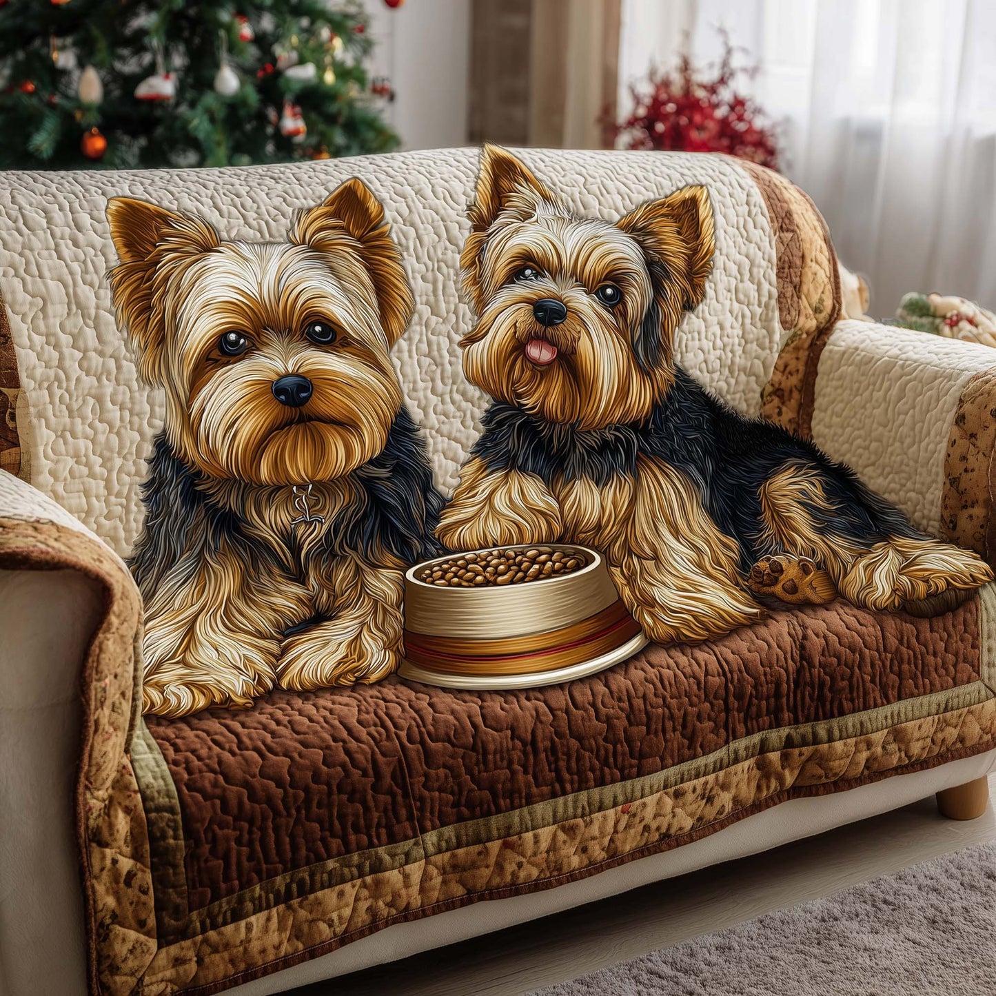 Yorkshire Terrier Eating Quilted Sofa Cover Xmas Holiday Sofa Decor Yorkshire Terrier Gifts Trendyhomewear - Pvr