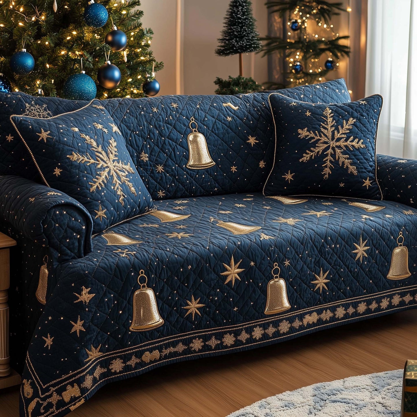 Bell In Starry Nights Quilted Sofa Cover Festive Couch Furniture Novelty Bell Gift Items Trendyhomewear - Pvr