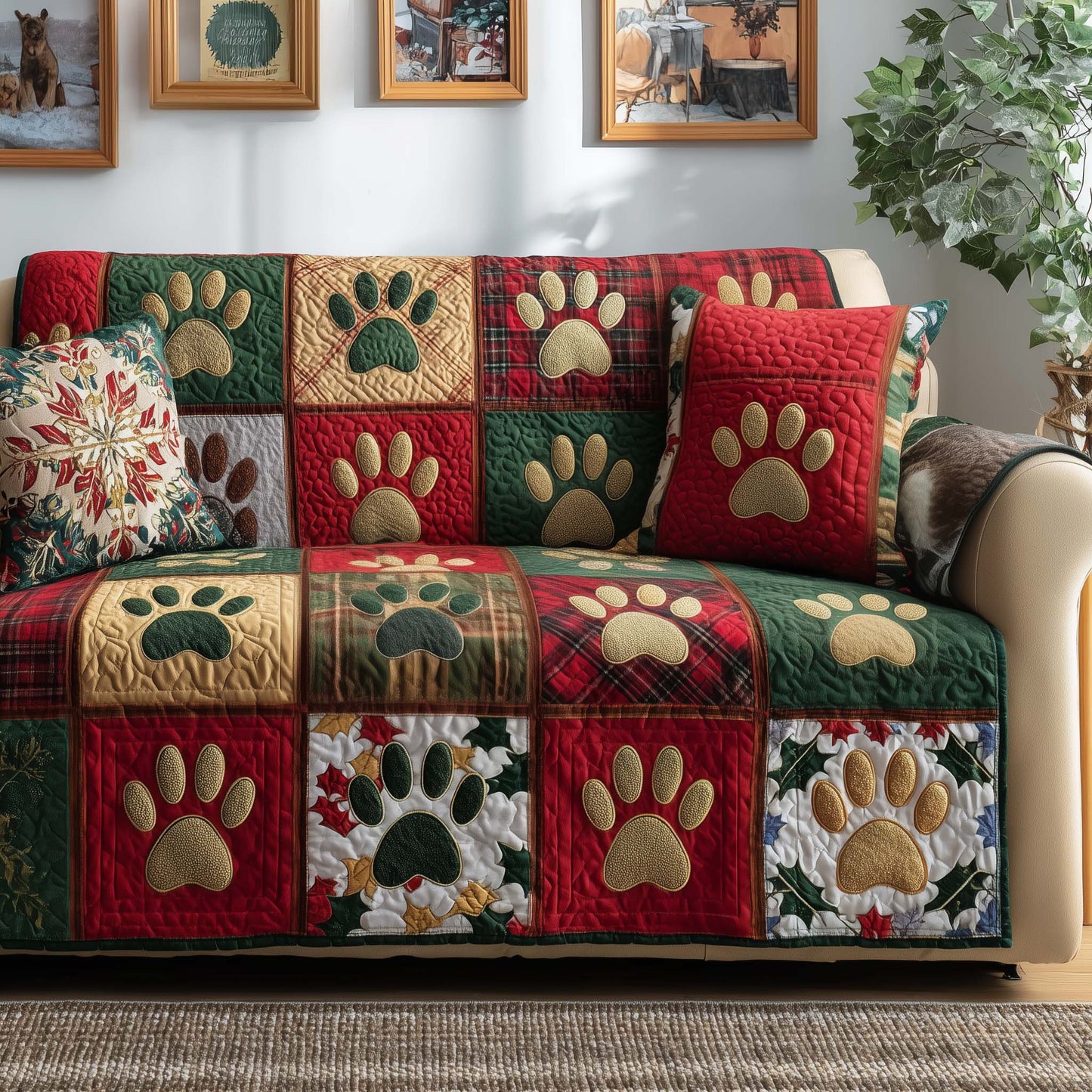 Dog Paws Quilted Sofa Cover Christmas Holiday Sofa Decoration Dog Item Gifts For Dad Trendyhomewear - Pvr