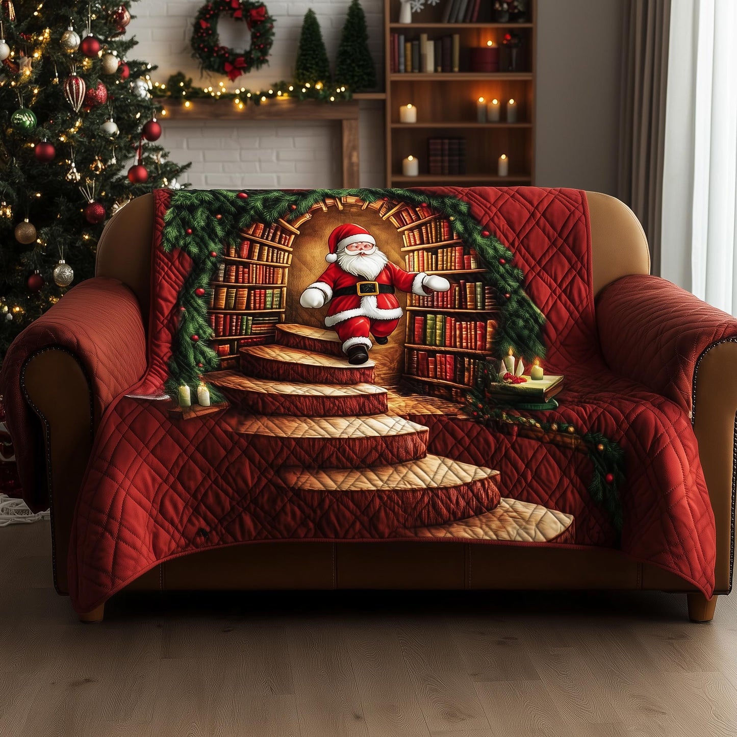Santa's Library Quilted Sofa Cover Cozy Christmas Sofa Protector Book Lovers Decor Gifts Trendyhomewear - Pvr