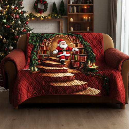 Santa's Library Quilted Sofa Cover Cozy Christmas Sofa Protector Book Lovers Decor Gifts Trendyhomewear - Pvr