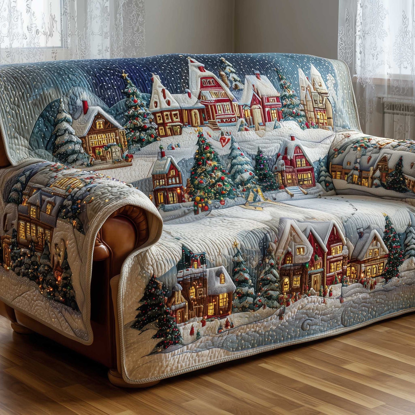 Village In Winter Night Quilted Sofa Cover Cozy Sofa Decor Novelty Christmas Village Gifts Trendyhomewear - Pvr