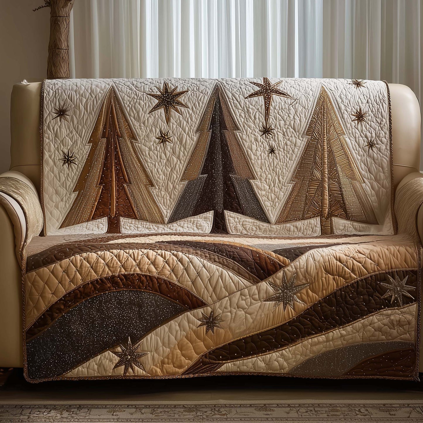 Xmas Elegant Tree Quilted Sofa Cover Festive Sofa Protector Unique Tree Presents Trendyhomewear - Pvr