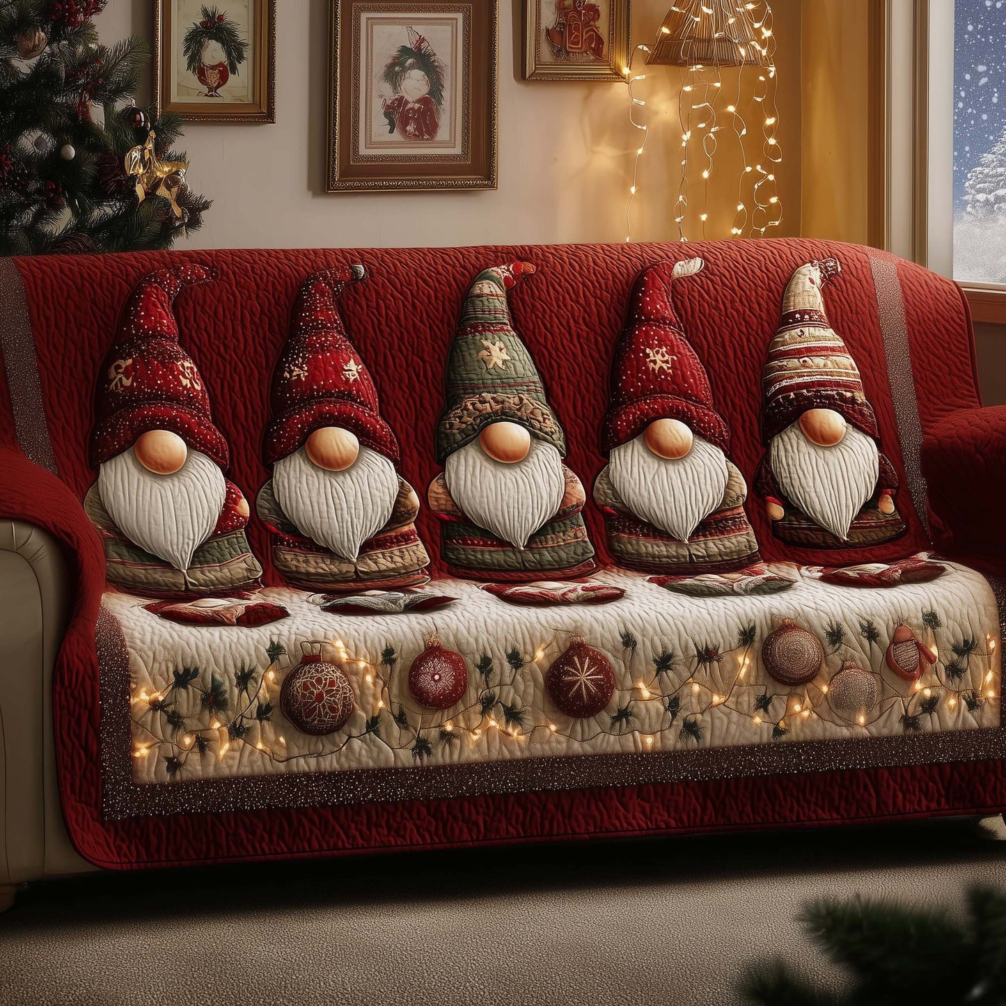 Cheerful Gnome Quilted Sofa Cover Christmas Holiday Sofa Protector Gnome Novelty Gifts Trendyhomewear - Pvr