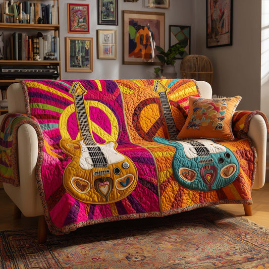 Guitar Peace Sign Quilted Sofa Cover Xmas Holiday Sofa Pad Top Gifts For Guitarist Trendyhomewear - Pvr