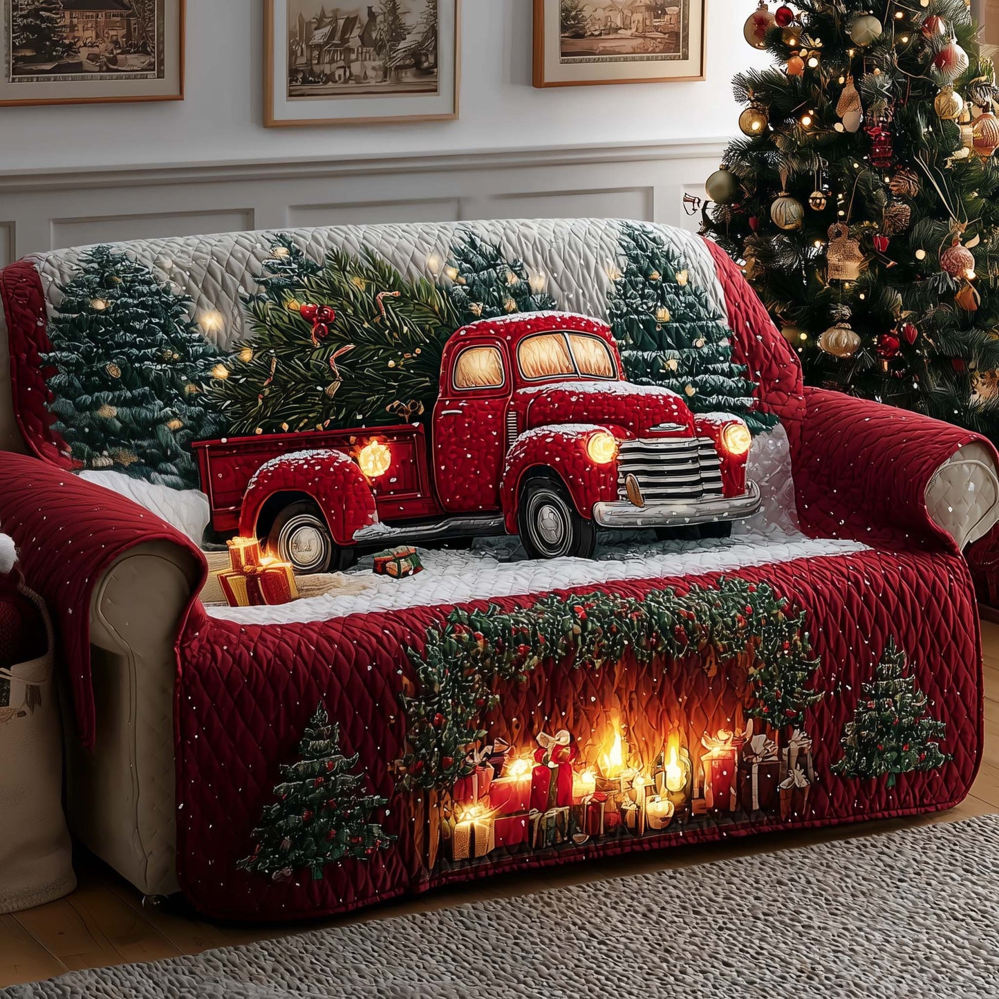 Truck Festive Fireplace Quilted Sofa Cover Cozy Xmas Couch Furniture Unusual Truck Gifts Trendyhomewear - Pvr