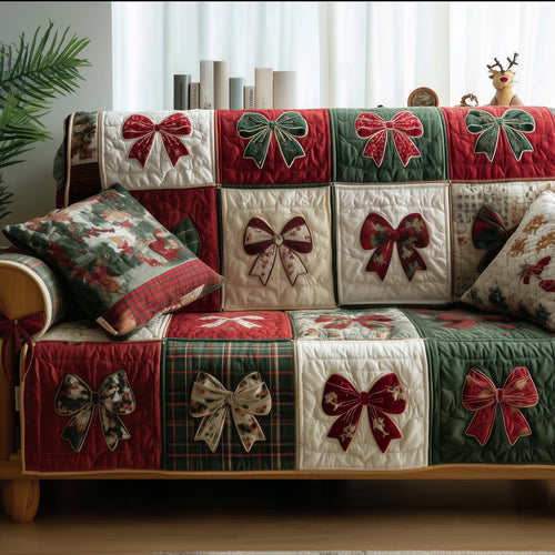 Merry Xmas Bow Quilted Sofa Cover Festive Couch Furniture Cool Christmas Bow Gift Items Trendyhomewear - Pvr