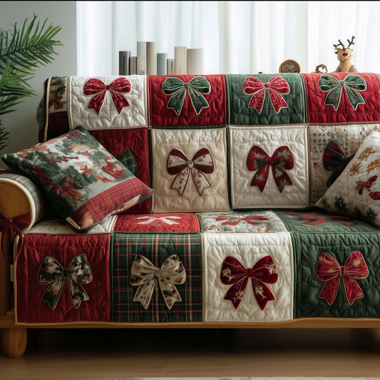 Merry Xmas Bow Quilted Sofa Cover Festive Couch Furniture Cool Christmas Bow Gift Items Trendyhomewear - Pvr