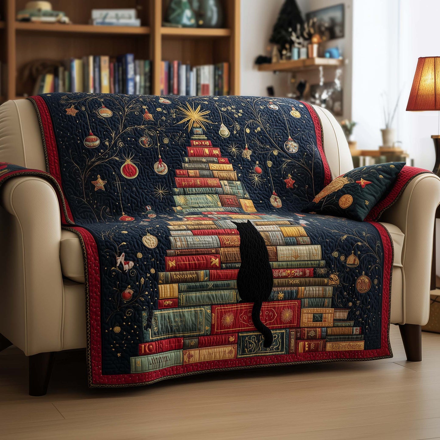 Cat Knowledge Quilted Sofa Cover Festive Holiday Couch Decor Christmas Cat Gift Shops Trendyhomewear - Pvr