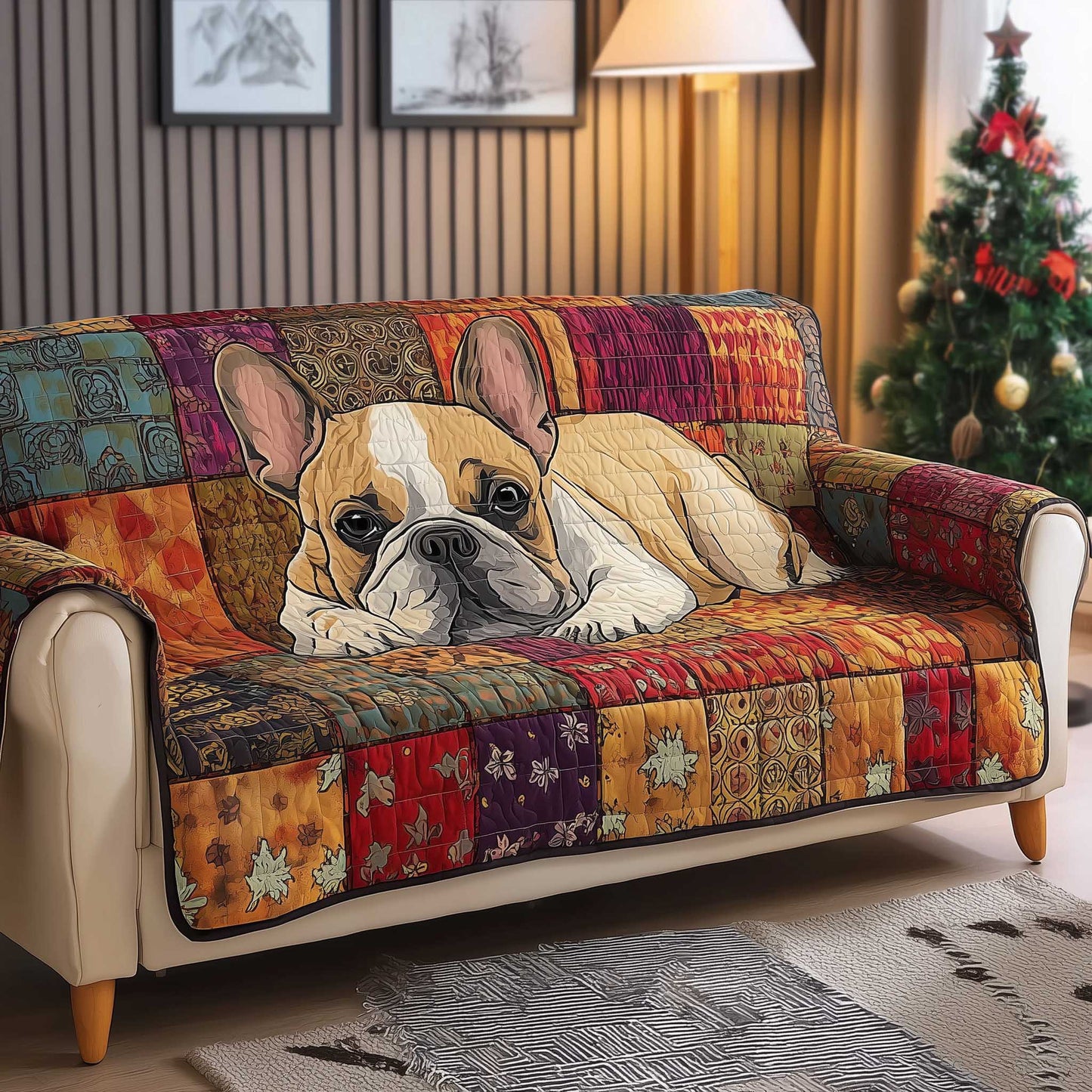 French Bulldog Patchwork Quilted Sofa Cover Cozy Couch Protector Gifts For Bulldog Lovers Trendyhomewear - Pvr