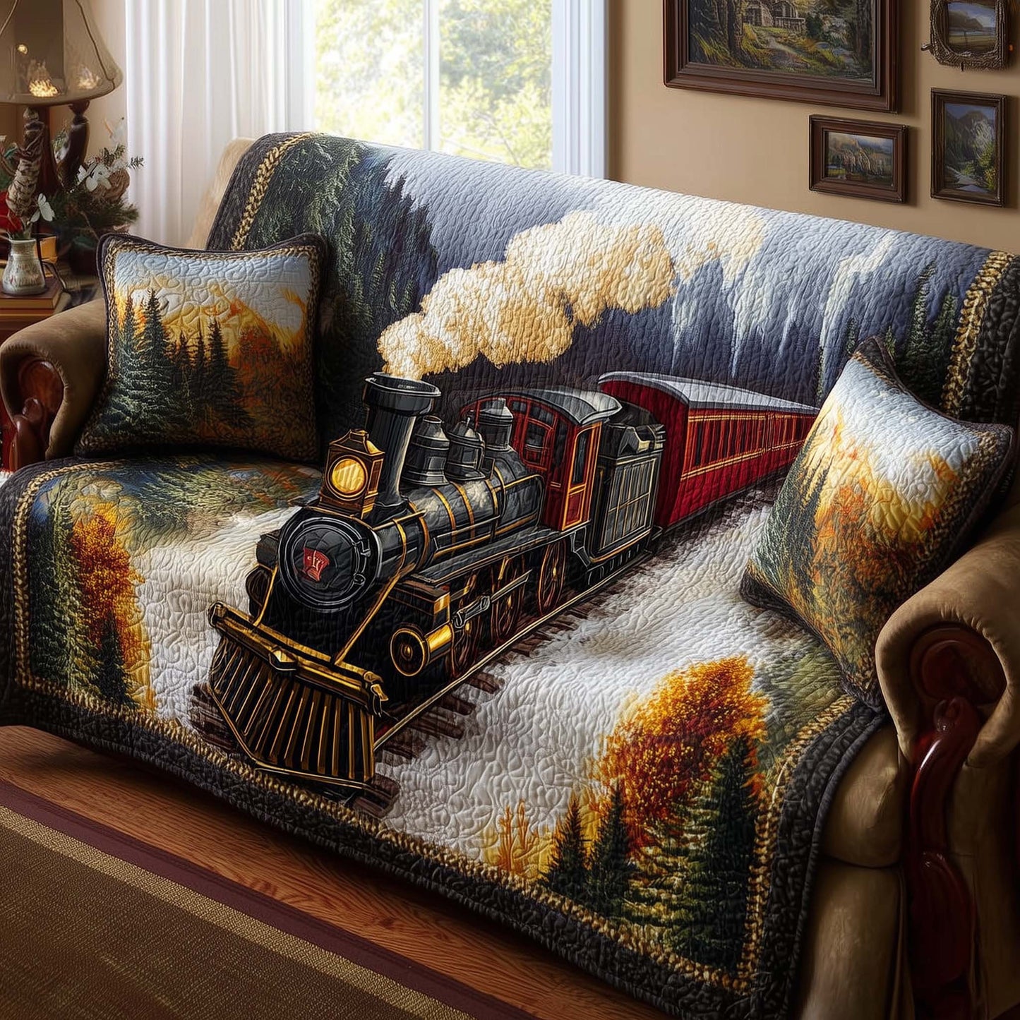 Train Peaceful Express Quilted Sofa Cover Festive Winter Sofa Protector Holiday Train Gifts Trendyhomewear - Pvr