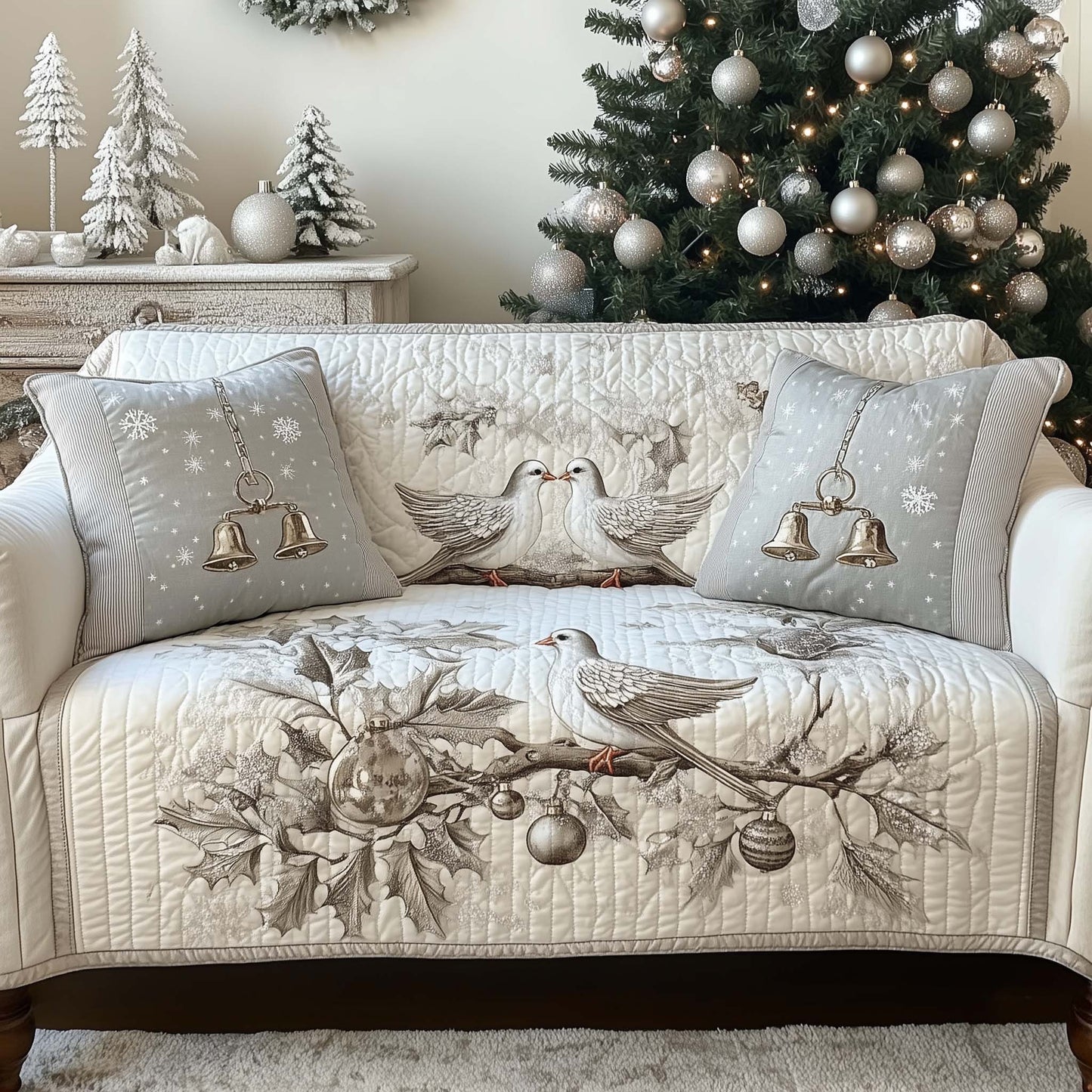 Dove Elegant White Quilted Sofa Cover Festive Couch Protector Christmas Dove Themed Gifts Trendyhomewear - Pvr