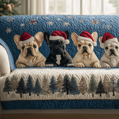 Frenchie Bulldog Winter Quilted Sofa Cover Christmas Couch Protector Novelty Bulldog Gifts Trendyhomewear - Pvr