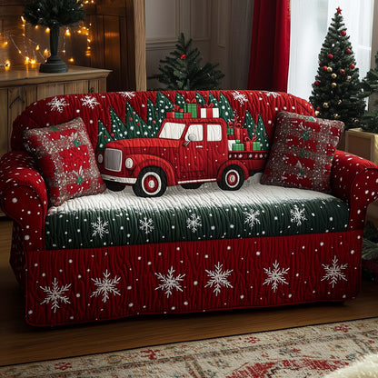 Truck Snowflake Border Quilted Sofa Cover Best Xmas Couch Furniture Truck Enthusiast Gifts Trendyhomewear - Pvr
