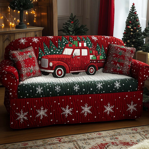 Truck Snowflake Border Quilted Sofa Cover Best Xmas Couch Furniture Truck Enthusiast Gifts Trendyhomewear - Pvr