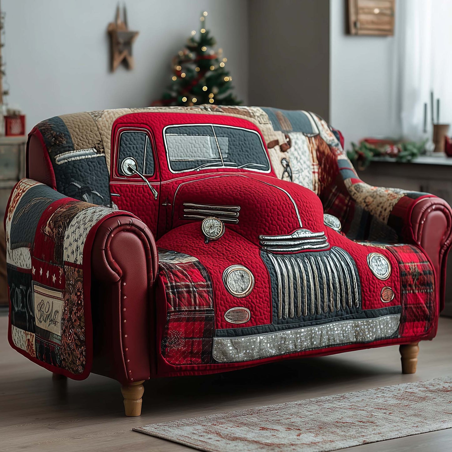 Truck Quilted Sofa Cover Red Christmas Holiday Couch Protector Gifts For Truck Lovers Trendyhomewear - Pvr