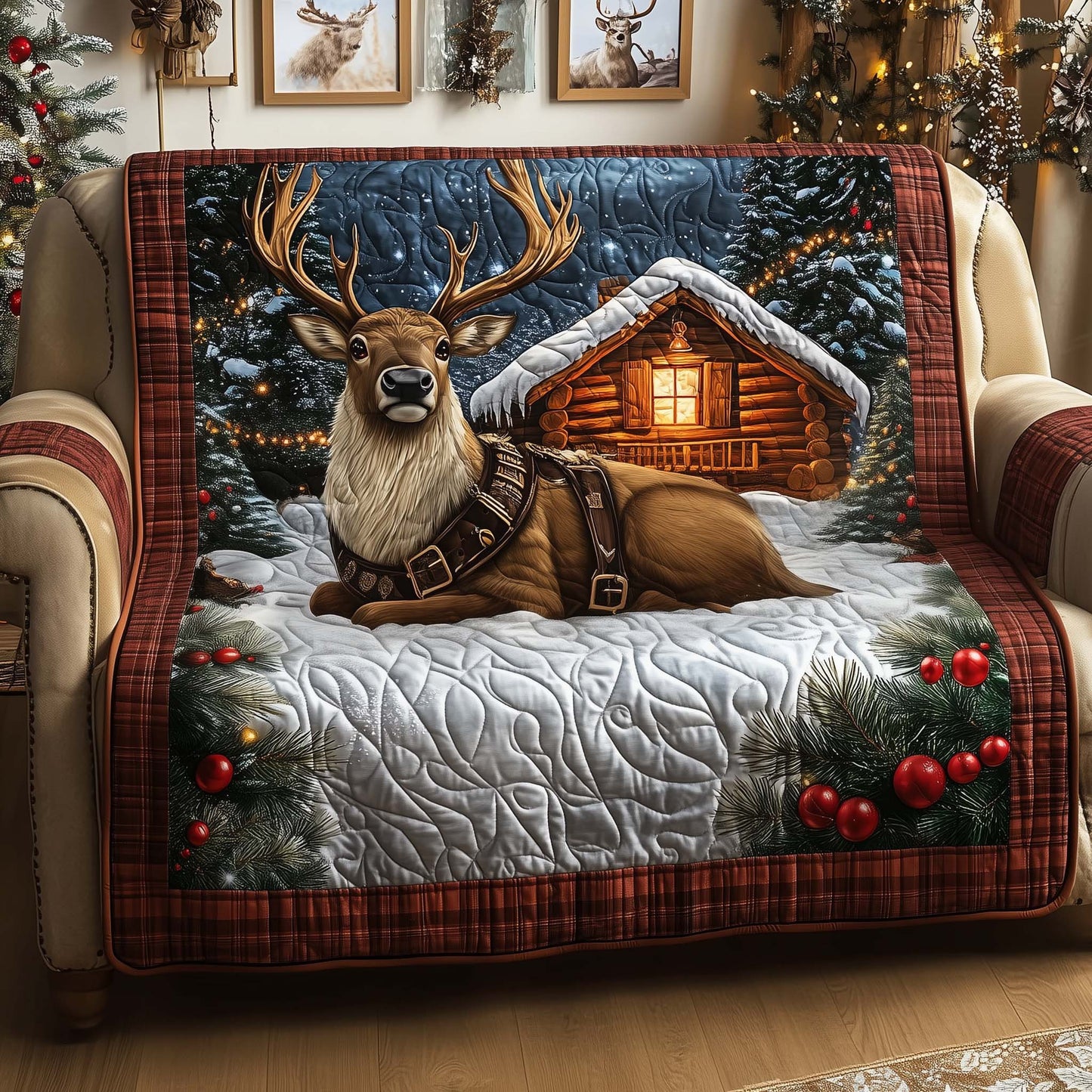 Reindeer Santa's Friend Quilted Sofa Cover Xmas Holiday Sofa Pad Reindeer Themed Gifts Trendyhomewear - Pvr