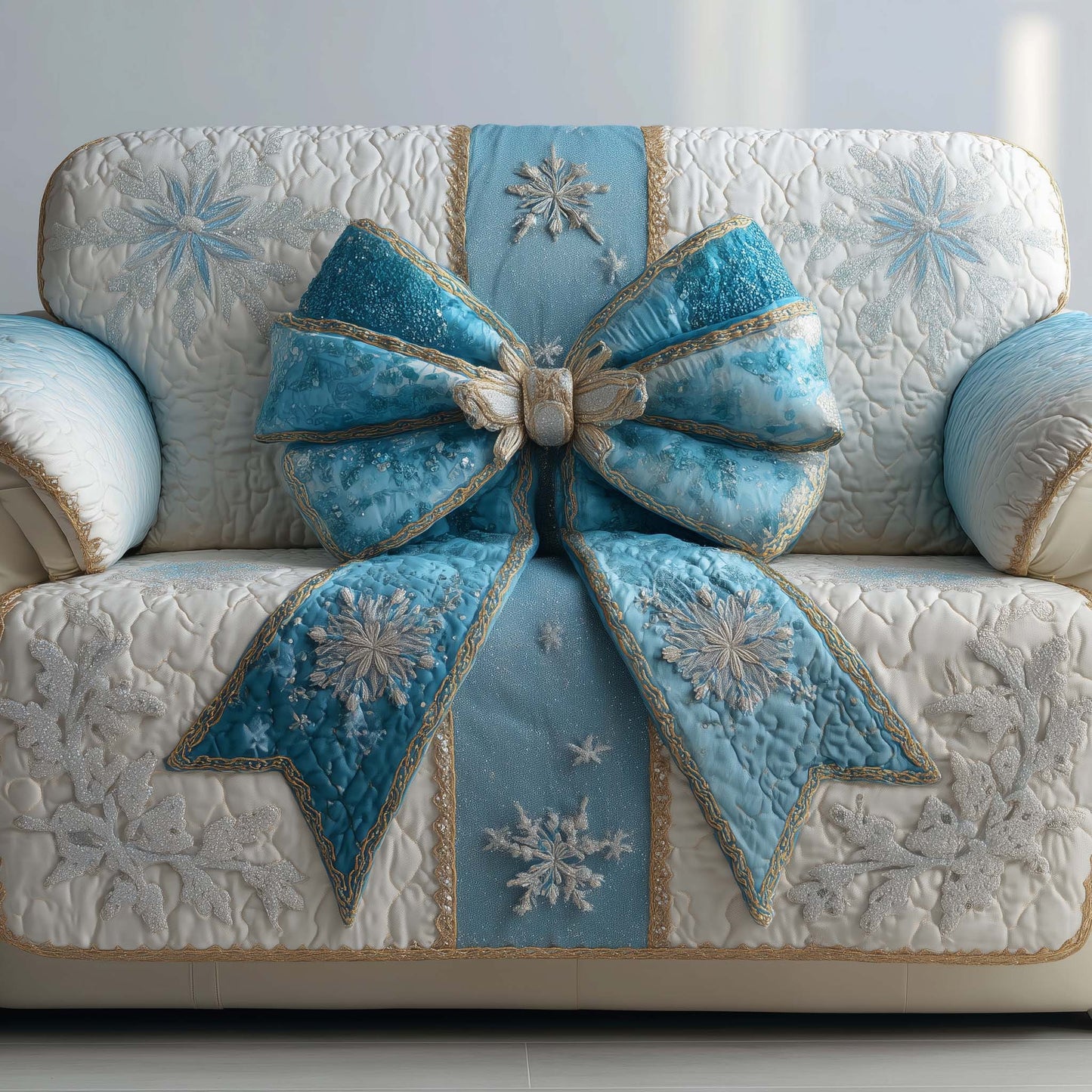Blue Frozen Bow Quilted Sofa Cover Xmas Couch Protector Cool Decor Gifts For Friends Trendyhomewear - Pvr