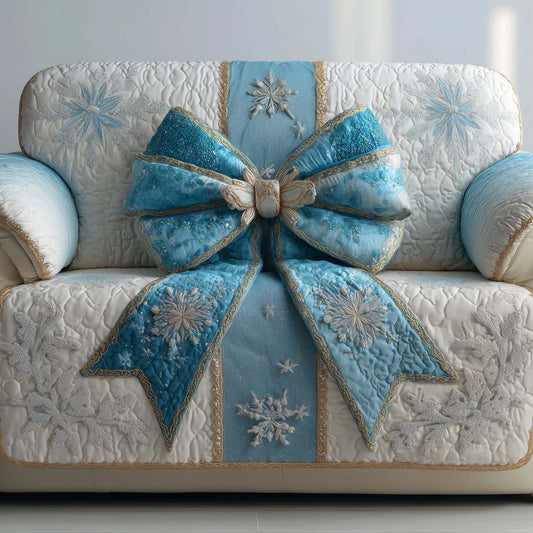 Blue Frozen Bow Quilted Sofa Cover Xmas Couch Protector Cool Decor Gifts For Friends Trendyhomewear - Pvr