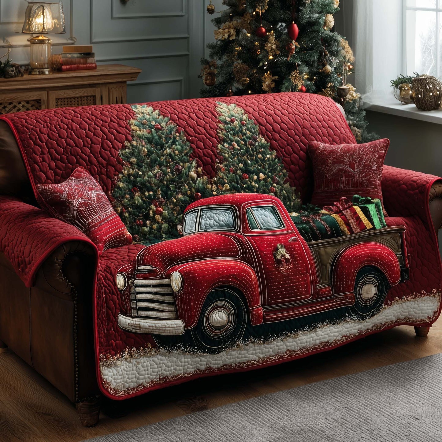 Truck Frosted Journey Quilted Sofa Cover Xmas Couch Furniture Winter Truck Guy Gifts Trendyhomewear - Pvr