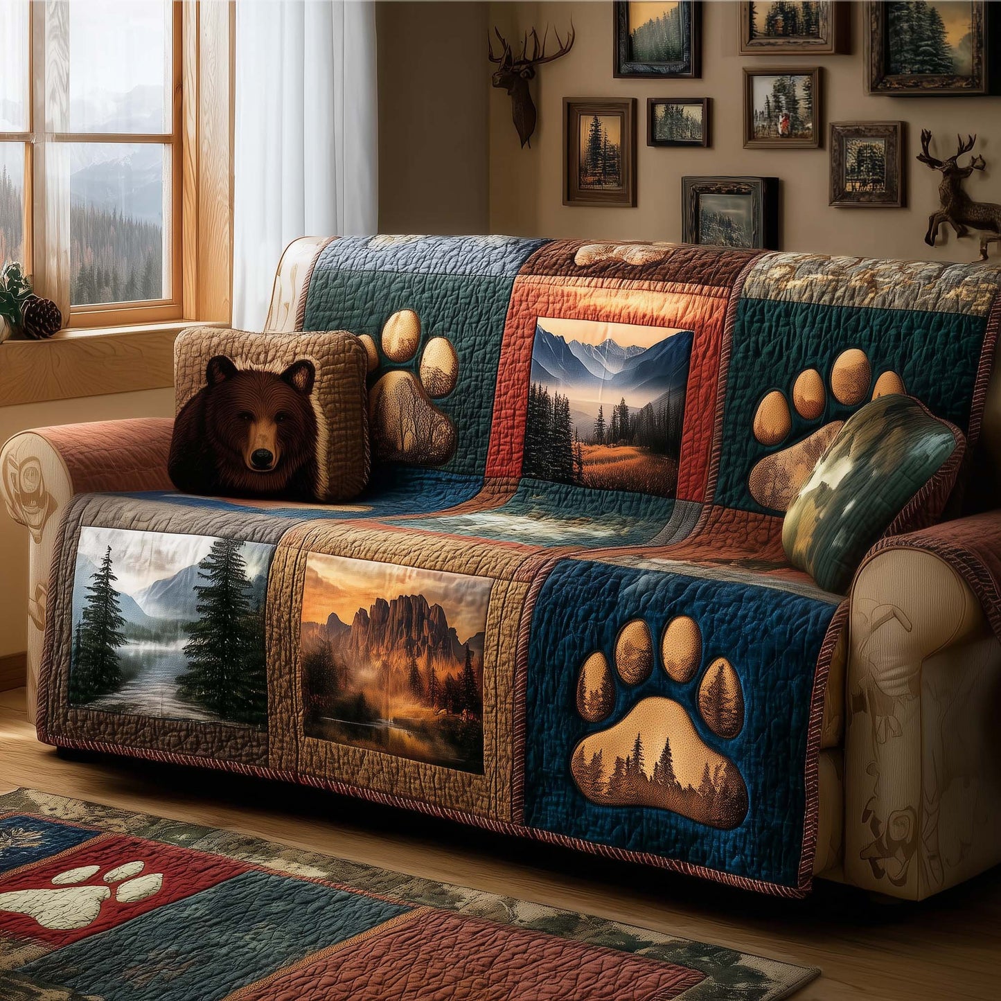 Bear Forest Paws Quilted Sofa Cover Cozy Couch Decor Christmas Brown Bear Themed Gifts Trendyhomewear - Pvr