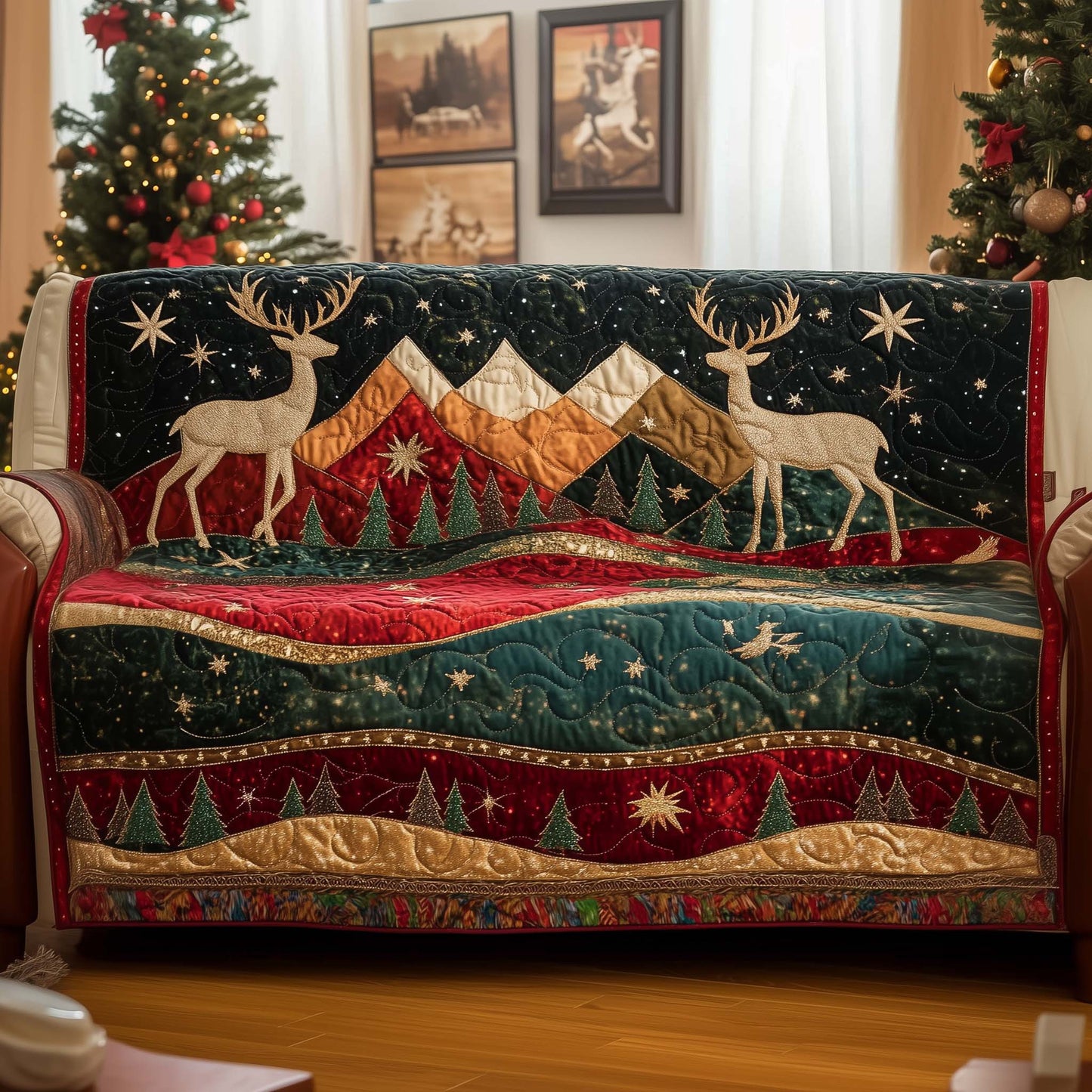 Reindeer Starry Night Quilted Sofa Cover Festive Xmas Couch Furniture Reindeer Item Gifts Trendyhomewear - Pvr