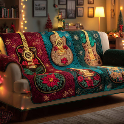 Guitar Poinsettia Graphic Quilted Sofa Cover Xmas Sofa Protector Holiday Top Guitar Gifts Trendyhomewear - Pvr