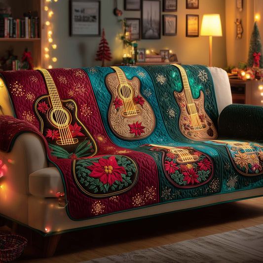 Guitar Poinsettia Graphic Quilted Sofa Cover Xmas Sofa Protector Holiday Top Guitar Gifts Trendyhomewear - Pvr