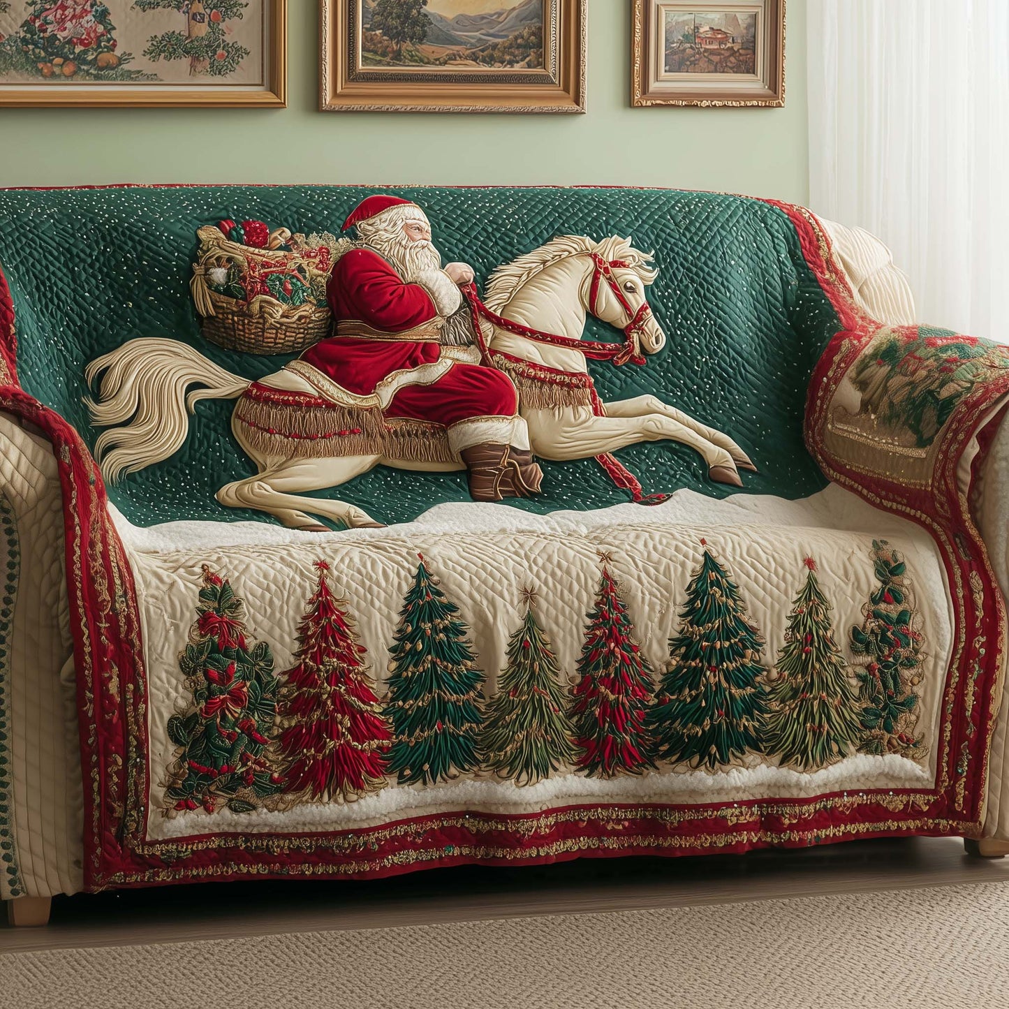 Santa Horse Delivery Quilted Sofa Cover Cozy Couch Protector Xmas Gifts For Stallion Lovers Trendyhomewear - Pvr