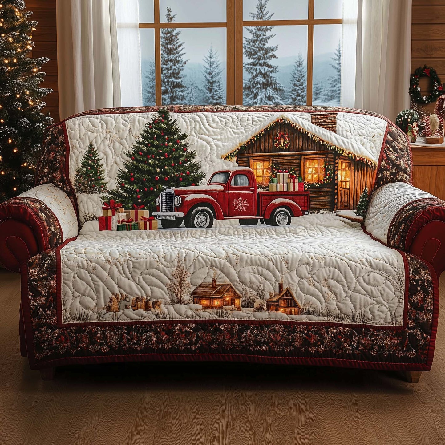 Snow Cabin Quilted Sofa Cover Holiday Couch Furniture Decor Cozy Gifts For Christmas Trendyhomewear - Pvr