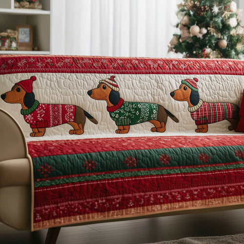 Dachshund Quilted Sofa Cover Christmas Holiday Sofa Protector Decor Cute Wiener Dog Gifts Trendyhomewear - Pvr